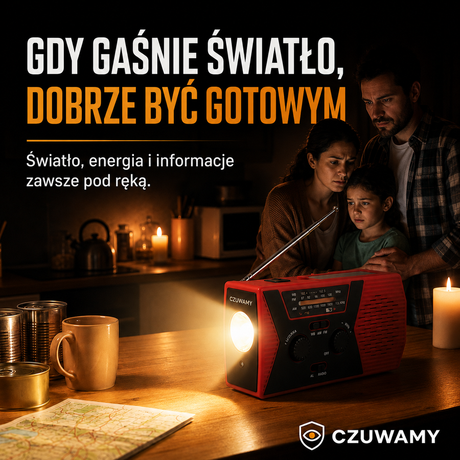 Radio Ratunkowe 4-w-1 — solarne, z korbką i powerbankiem 10 000 mAh
